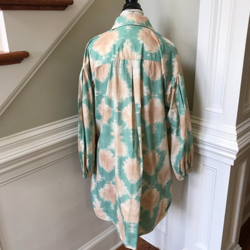 Ulla Johnson Alejandra Shirt Shift Dress Womens 6 Teal Green Tan Long Sleeve - Picture 10 of 12